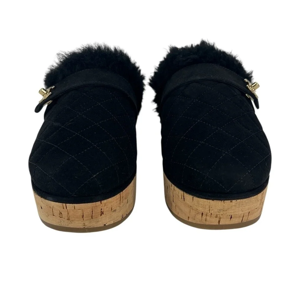 Chanel 21A Black Shearling‎ CC Turn Clasp Quilt Cork Mules Size 36